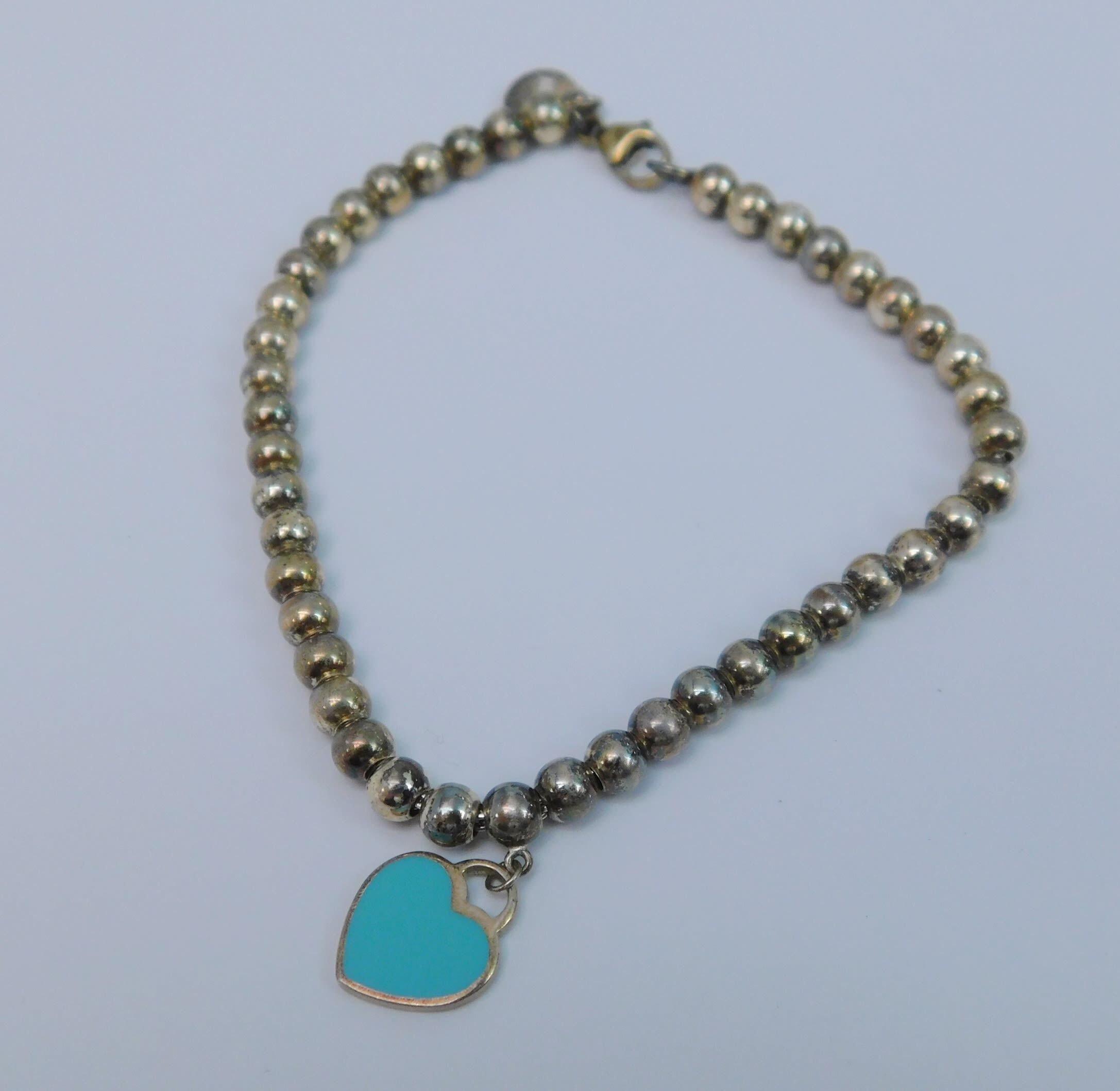 Tiffany & Co. Sterling Blue Enamel Heart Lock Charm Chain Clasp Bracelet 7